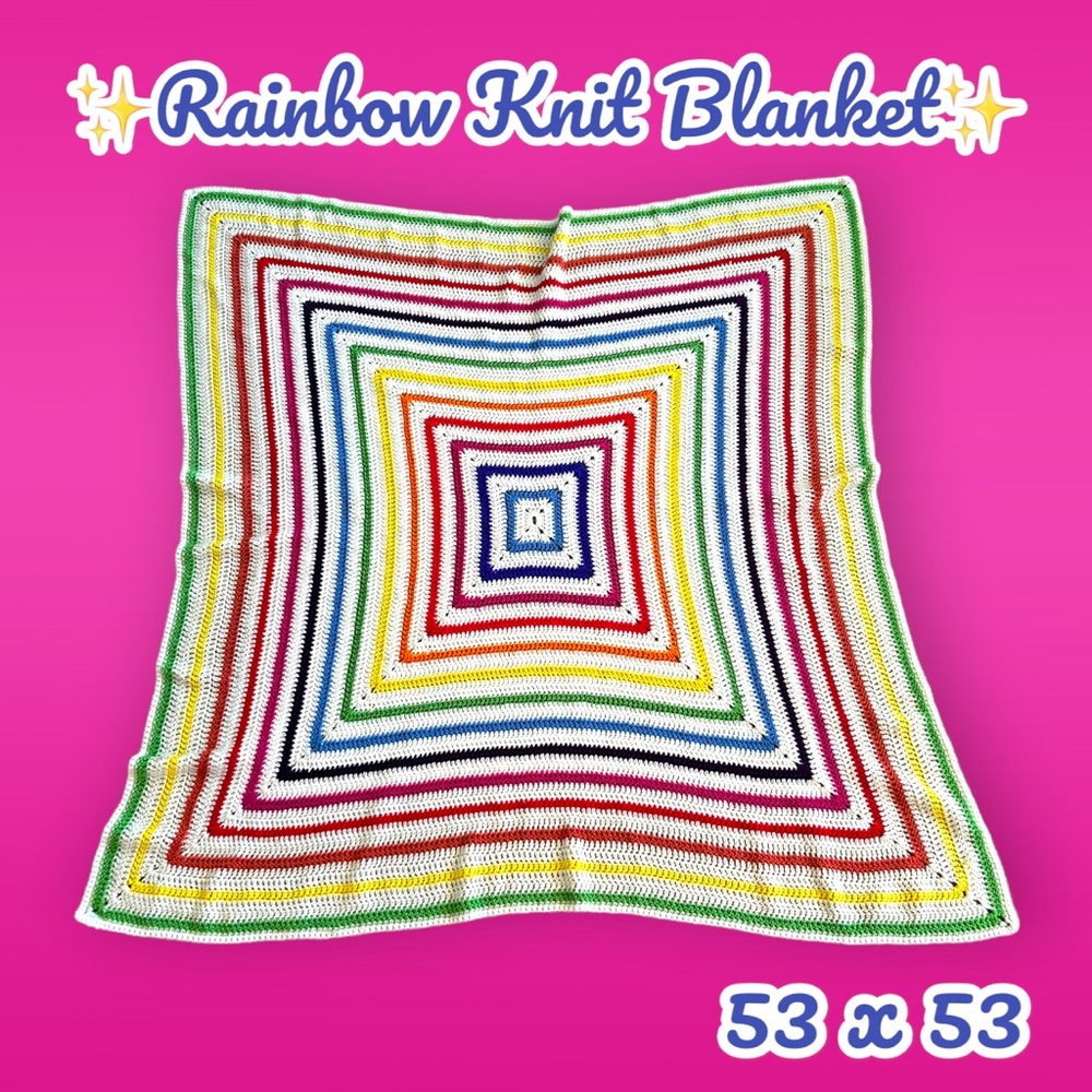 ✨🌈Vintage‎ Handmade Rainbow Stripes Square Knit Blanket🌈✨